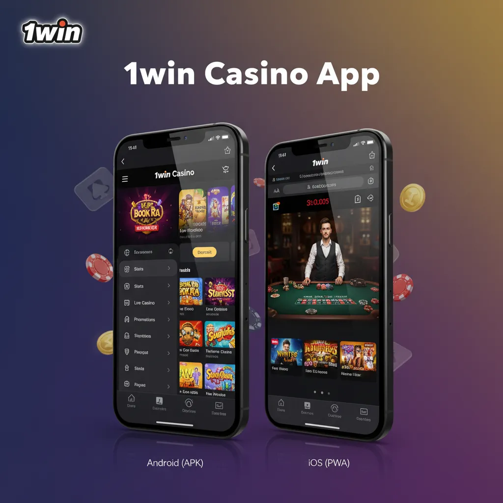 App 1win Casino en Android (APK) e iOS (PWA), con botones de descarga y juegos de tragamonedas, mesa y en vivo.