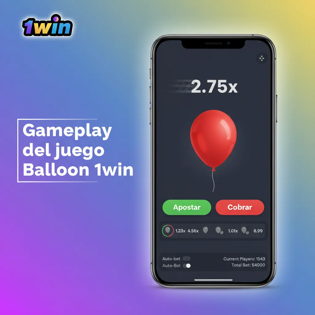 Gameplay de Balloon 1win en móvil: infla el globo y cobra antes de que explote.