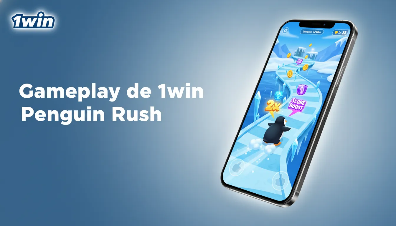 Gameplay de 1win Penguin Rush: guía al pingüino, evita obstáculos y recoge monedas y potenciadores.