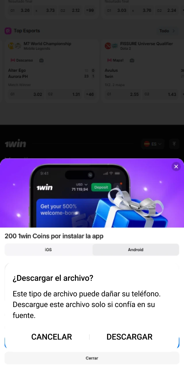 Confirma la descarga de 1win App en tu dispositivo Android rápidamente.