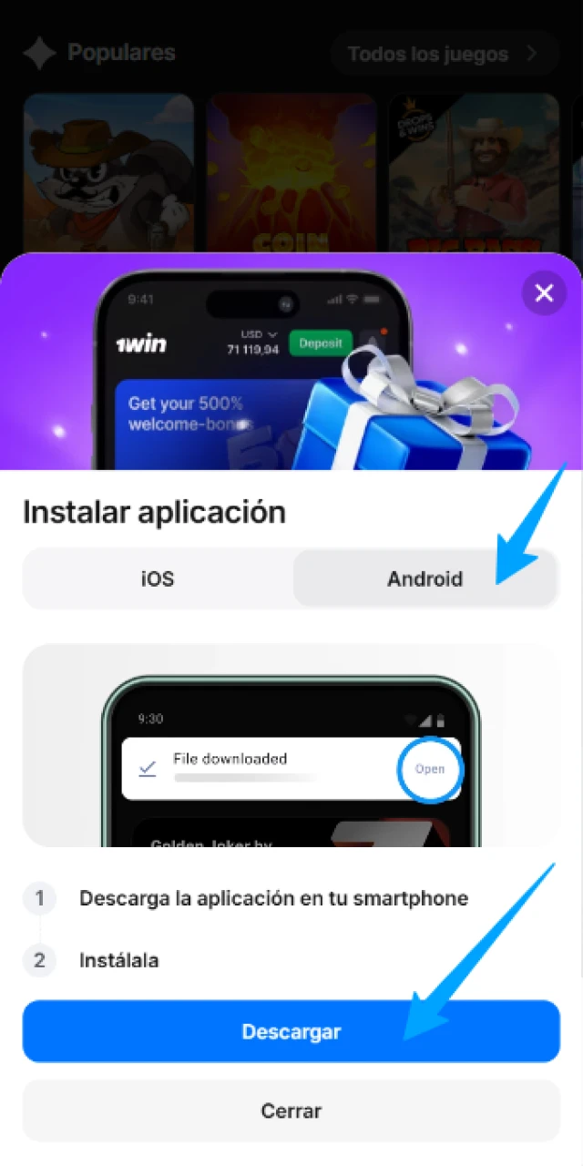 Inicia la descarga del 1win App APK para Android ahora mismo.
