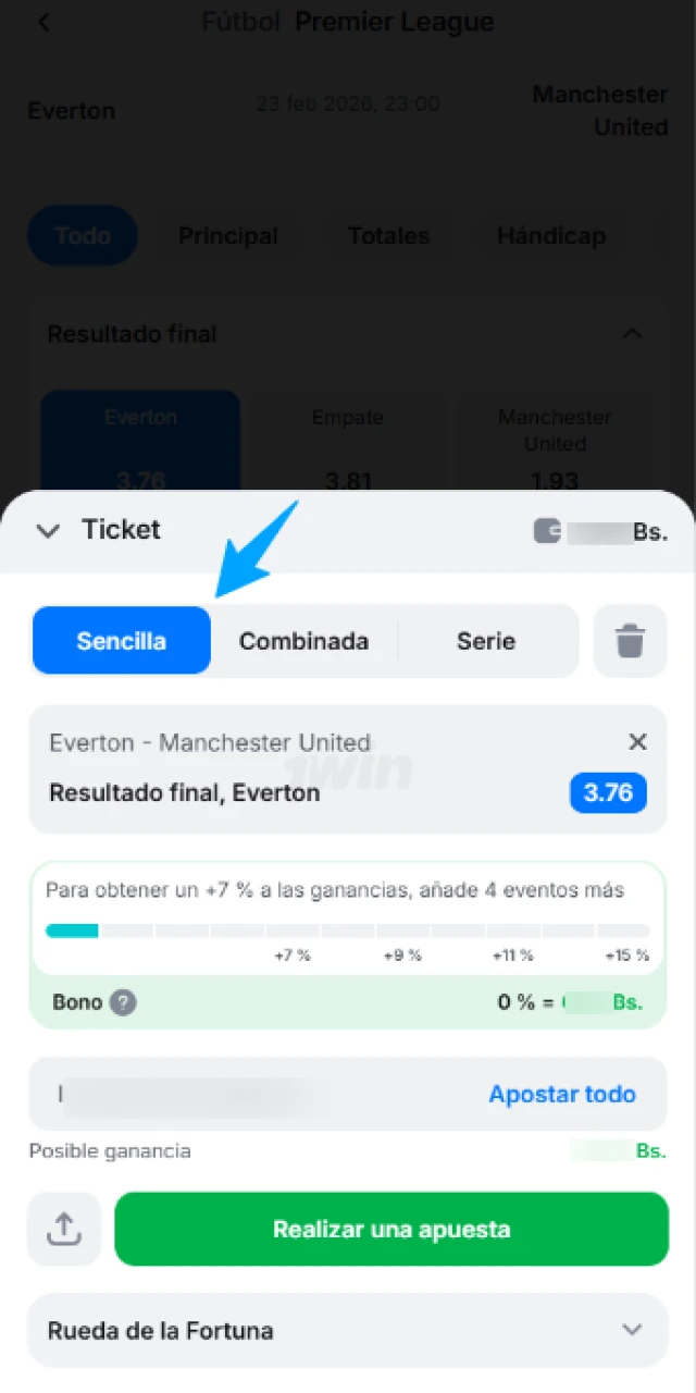 Añade tu selección de apuesta al cupón de la 1win App.