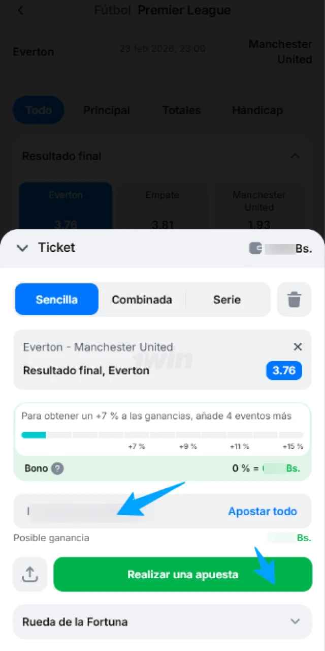 Define el monto y confirma tu apuesta en la 1win App.