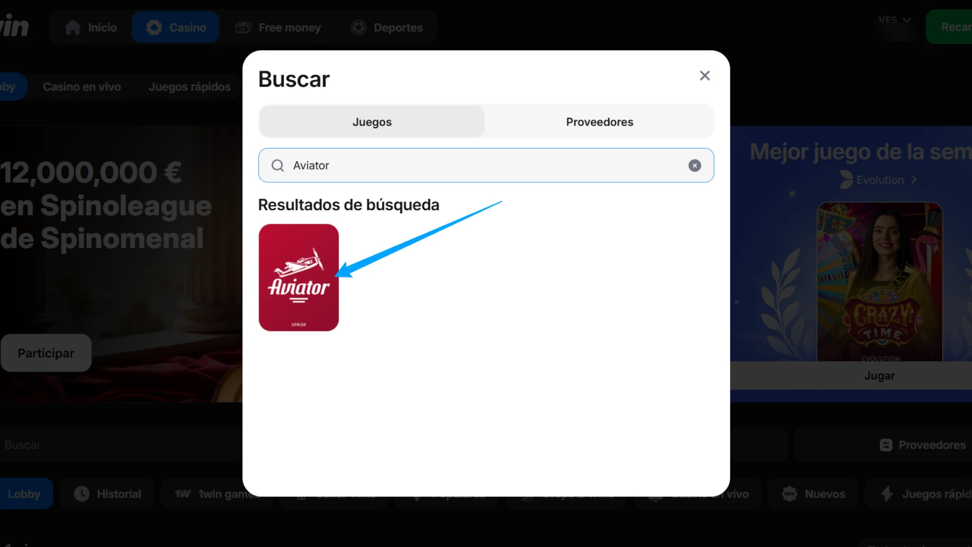 Encuentra y abre el juego Aviator en la plataforma 1win.