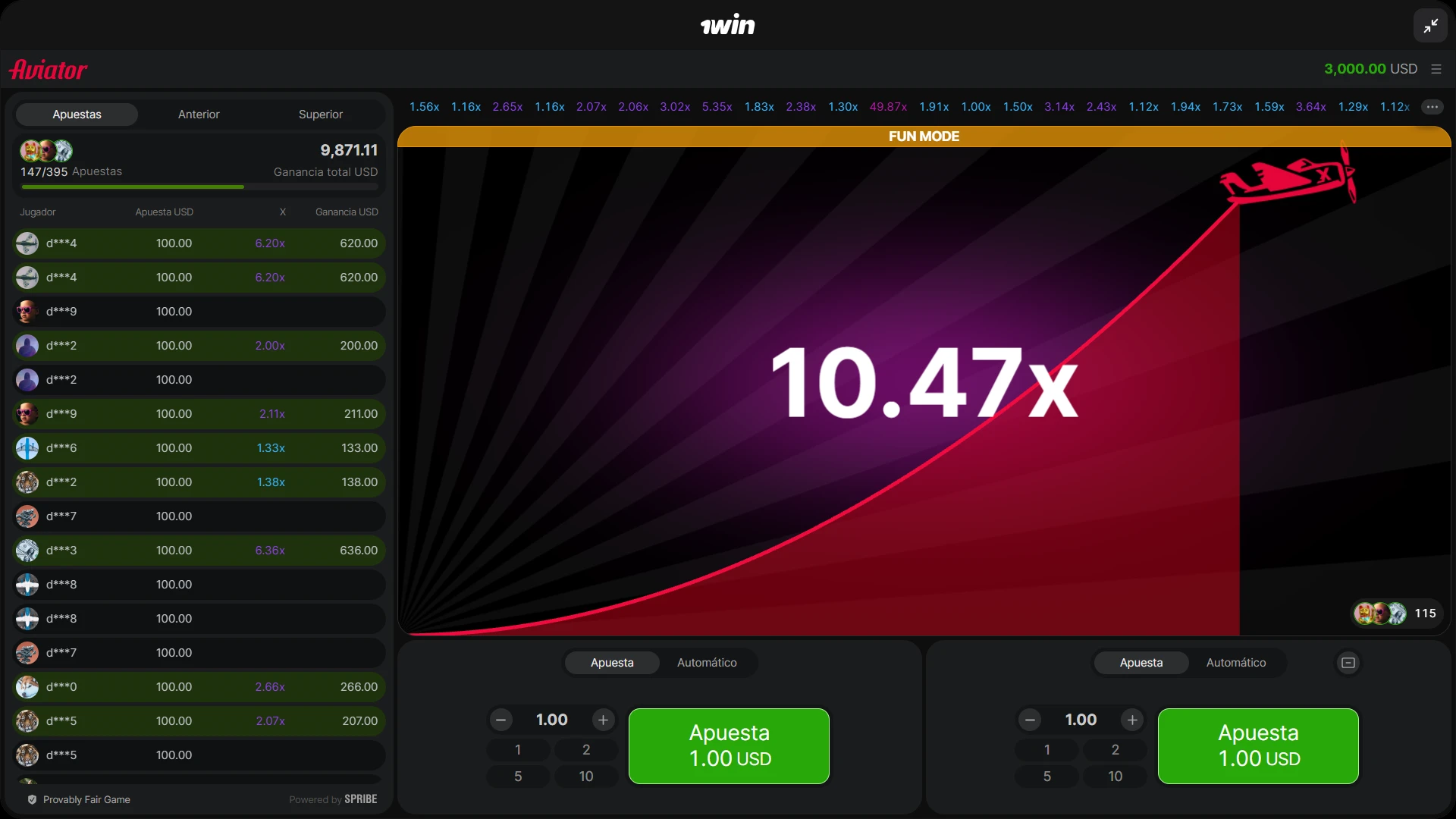 Explora el panel de control de Aviator en 1win para apostar.