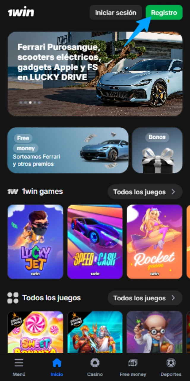 Pulsa visitar y completa tu Registro en 1win para jugar JetX.