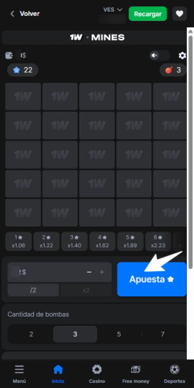 Destapa las casillas en Mines y retira dinero en 1win.