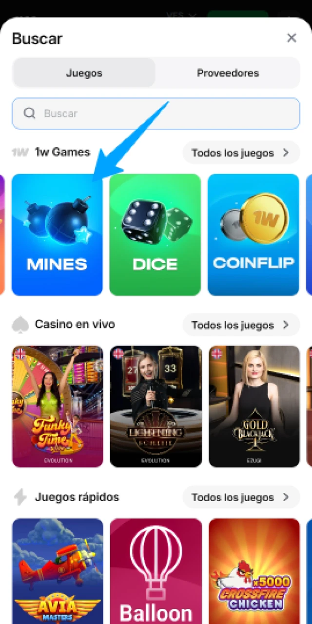 Busca y abre el juego Mines en el casino 1win.