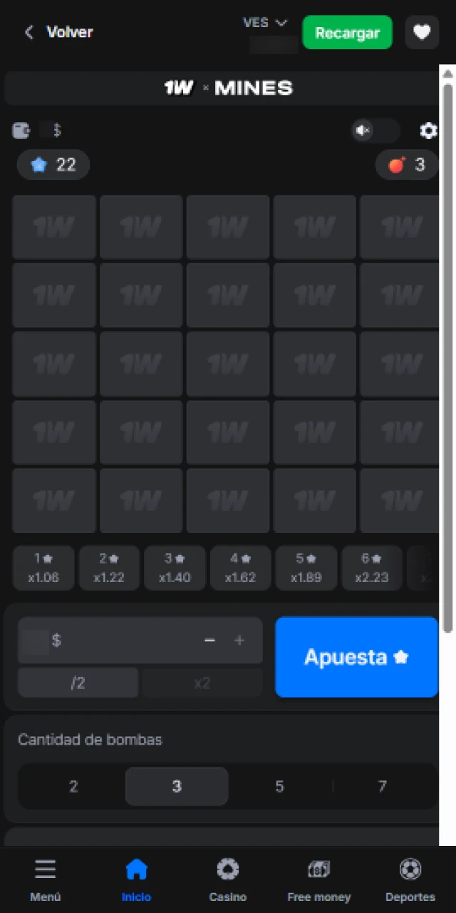Explora el tablero principal de Mines en 1win para ganar premios.