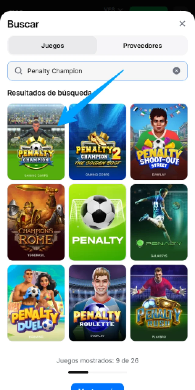 Busca Penalty Champion en el casino de 1win y marca goles.