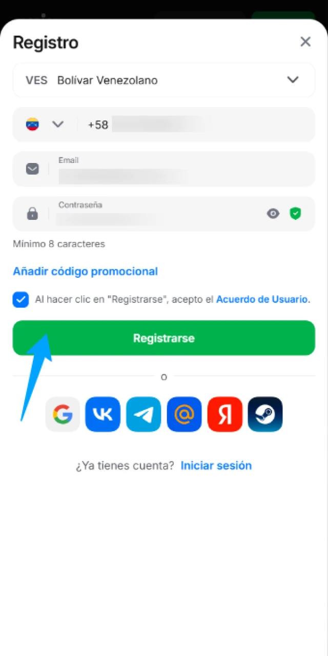 Completa el formulario de registro en 1win para jugar Penguin Rush ahora.