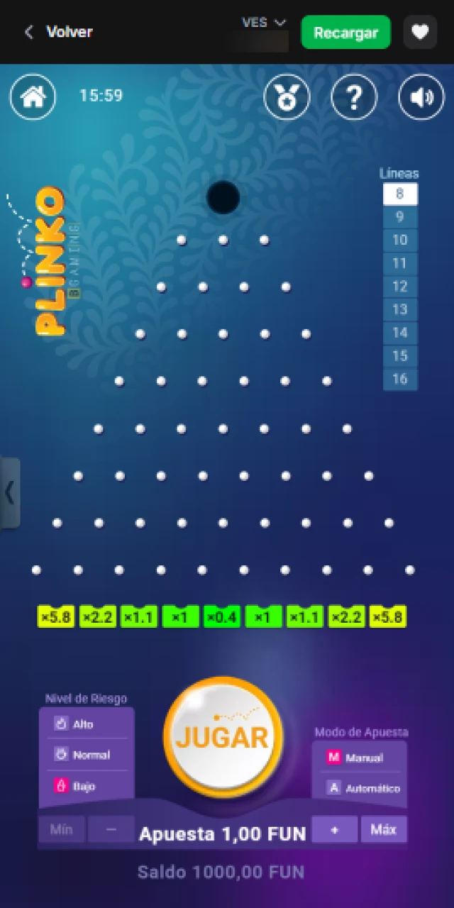 Busca el juego Plinko en la sección de casino de 1win y lanza la bola.