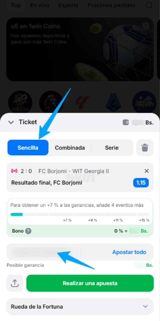 Selecciona las mejores cuotas en 1win Venezuela y define tu importe.