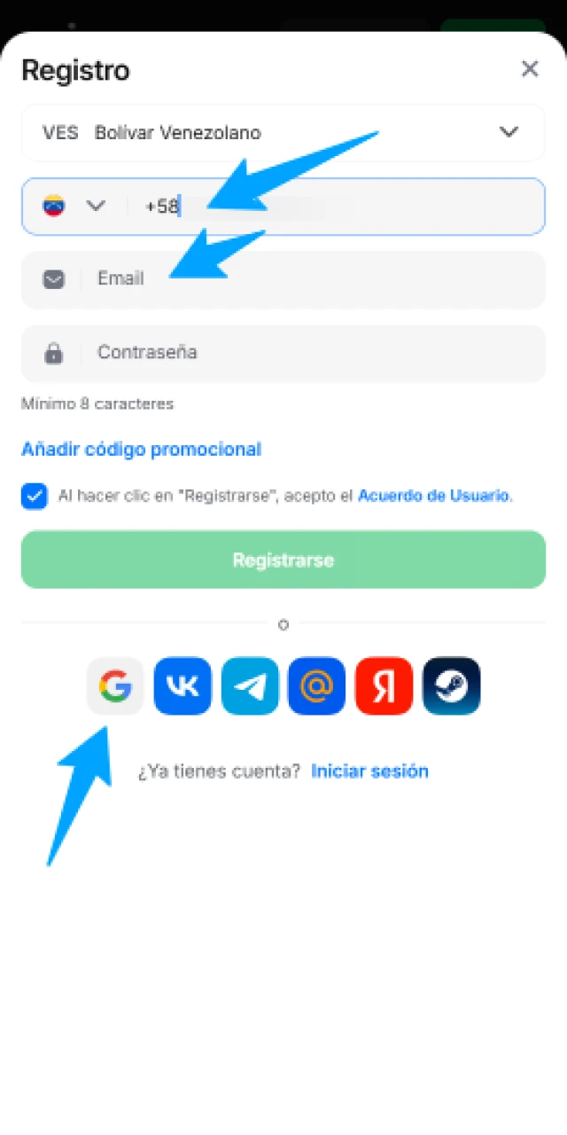 Inicia tu registro en 1win eligiendo la opción que más te convenga en la aplicación.