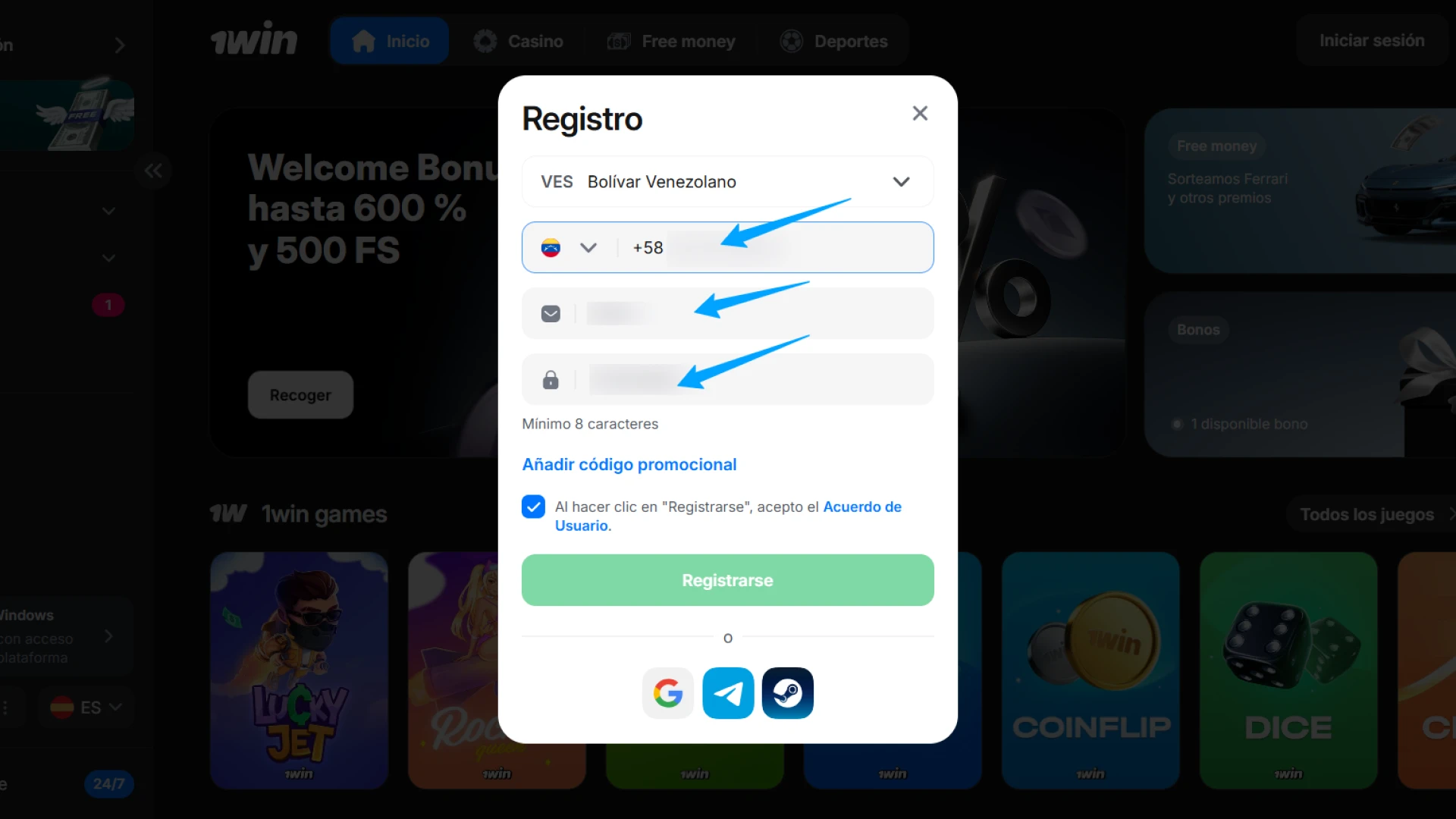 Ingresa tu moneda local, número de teléfono y correo para finalizar tu perfil en 1win.