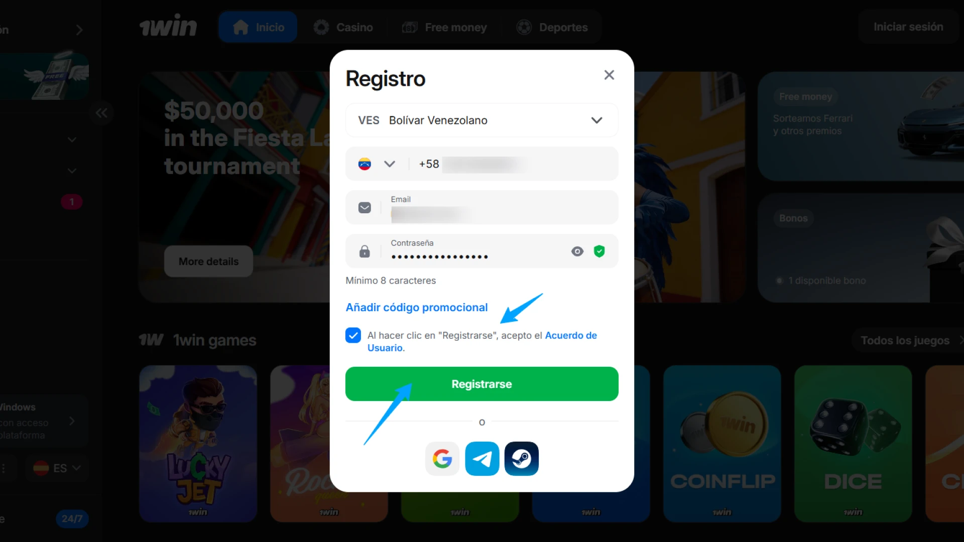 Confirma los términos y condiciones de 1win para activar tu cuenta de usuario de inmediato.